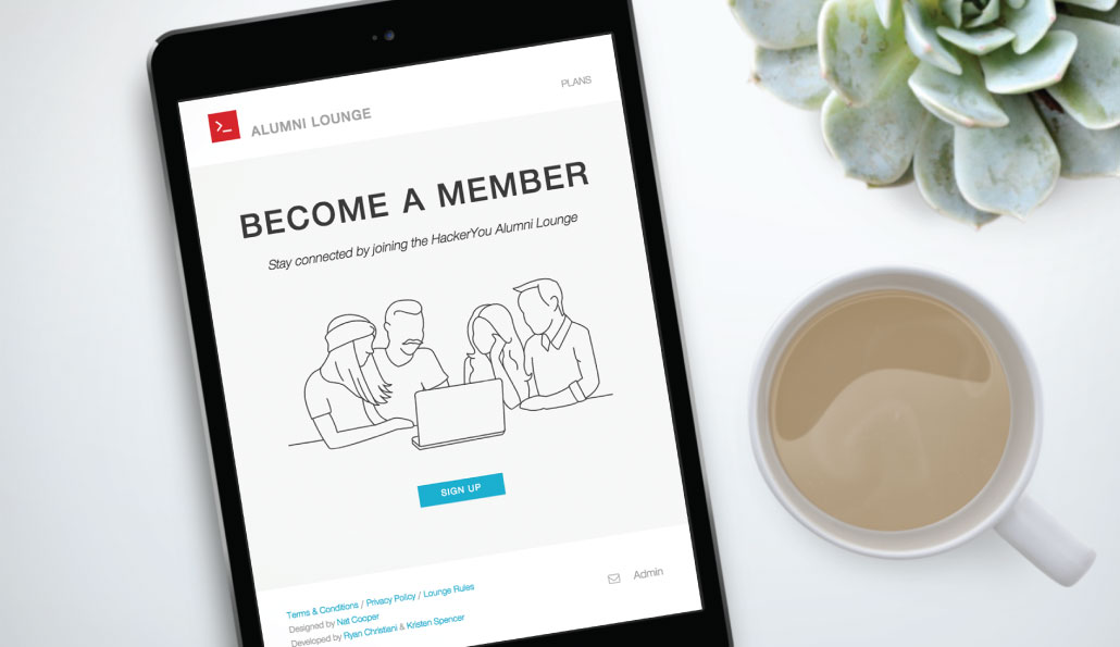The HackerYou Alumni Lounge website displayed on a tablet